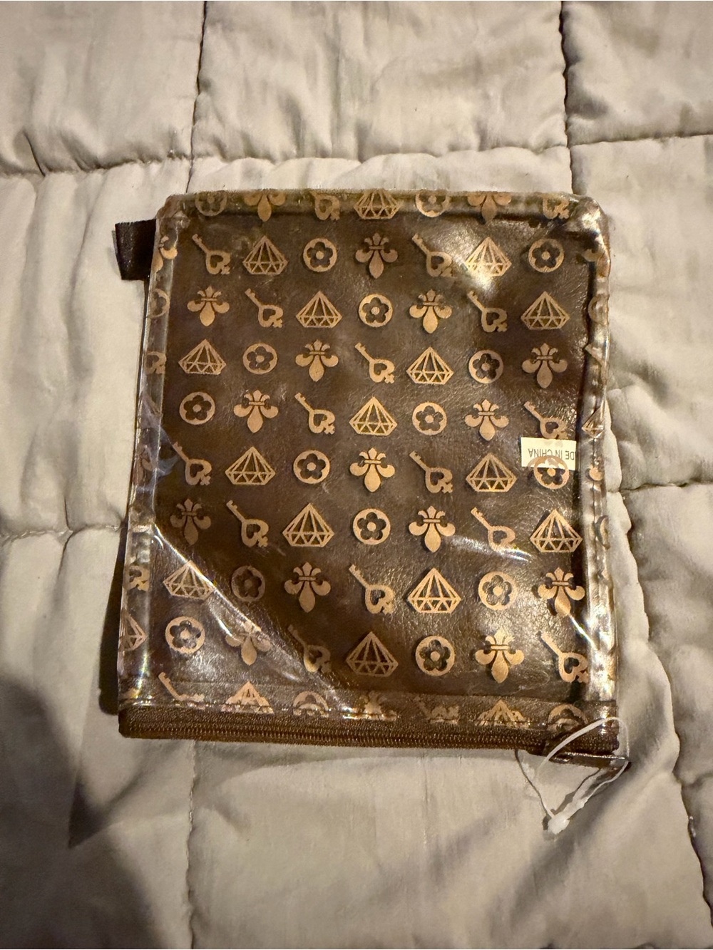 Brown Patterned Cosmetic Pouch with Clear Overlay